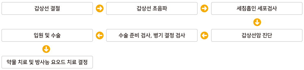 진료프로세스 - 갑상선 결절 다음 갑상선 초음파 다음 세침흡인 세포검사 다음 갑상선암 진단 다음 수술 준비 검사, 병기 결정 검사 다음 입원 및 수술 다음 약물 치료 및 방사능 요오드 치료 결정