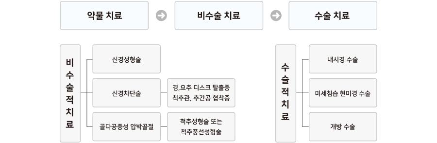 척추질환 치료 방법은 약물치료, 비수술 치료, 수술 치료로 나눌 수 있다. 비수술적 치료의 경우 신경성형술, 신경차단술(경·요추 디스크 탈출증, 척추관·추간공 협창증), 골다공증성 압박골절(척추성형술 또는 척추풍선성형술)이 해당되며, 수술적치료는 내시경 수술, 미세침습 현미경 수술, 개방 수술이 있다.