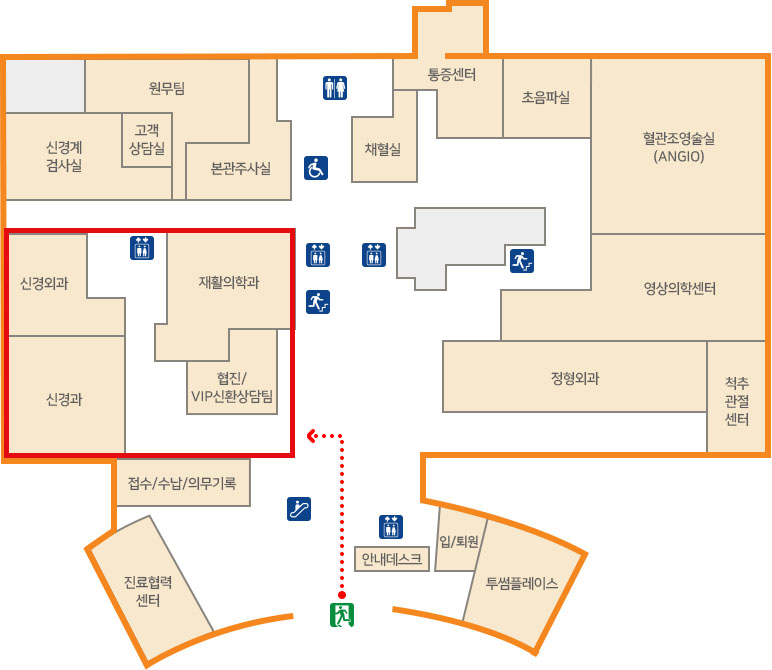 정문에서 에스컬레이터를 지나 왼쪽 방면 신경외과, 신경과, 재활의학과 위치로 이동