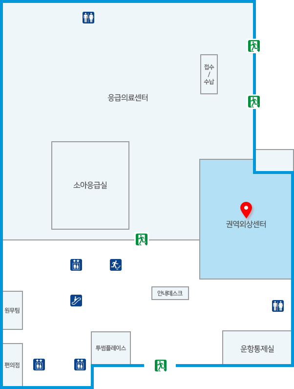 정문 출입구 진입하여 전방 안내데스크 지나 권역외상센터 이동