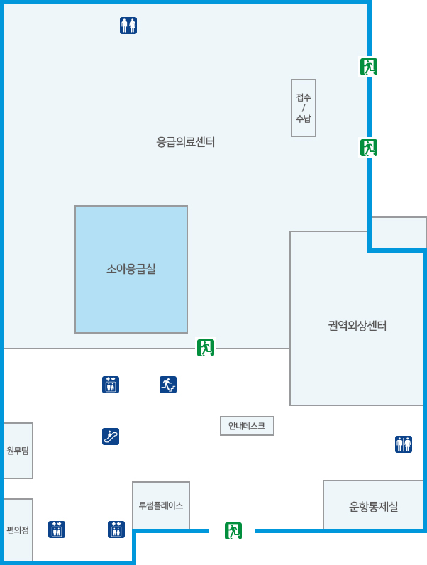 정문 진입하여 안내데스크를 지나 응급의료센터 방면 소아응급실