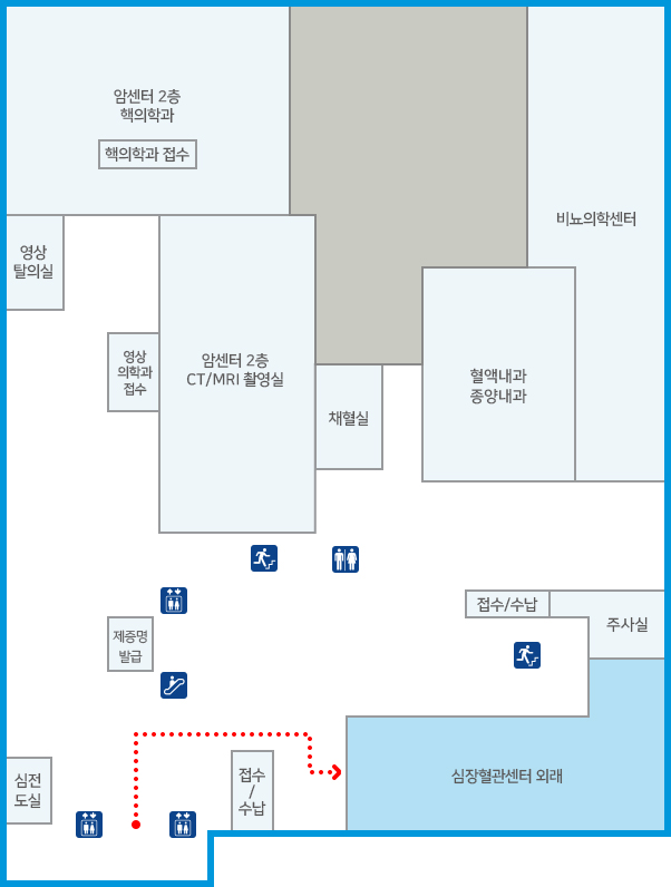 엘리베이터에서 내리면 우측 접수/수납 창구를 지나 심장혈관센터 이동
