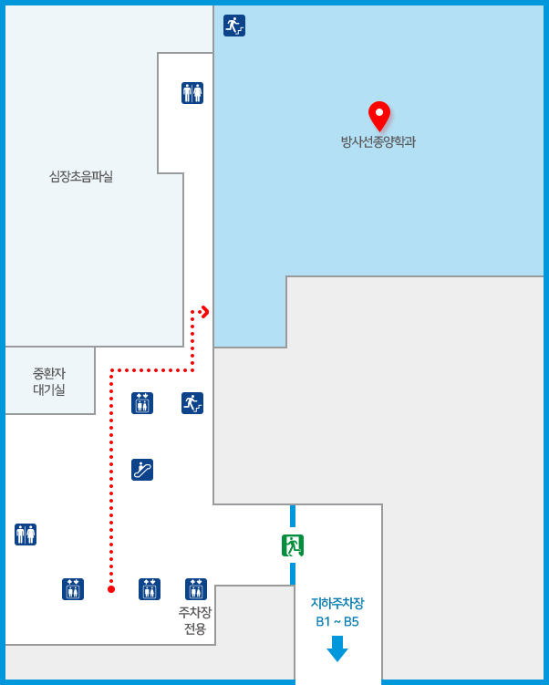 엘리베이터에서 내리면 전방 심장초음파실 방향 맞은 편 방사선종양학과 이동