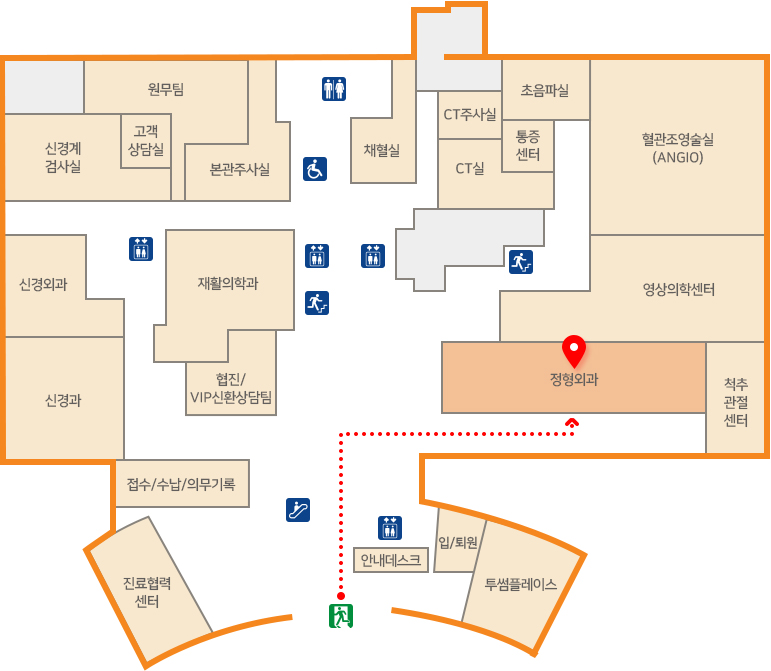 정문 출입구 진입하여 전방 안내데스크를 지나 우측 방향 정형외과 이동