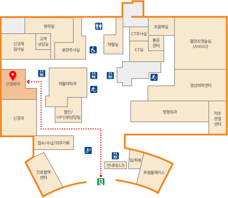 정문 출입구 진입하여 접수/수납 창구를 지나 신경과 옆 신경외과 이동