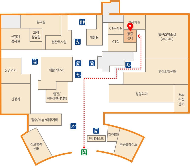 정문 출입구 진입하여 안내데스크, 영상의학센터를 지나 통증센터 이동