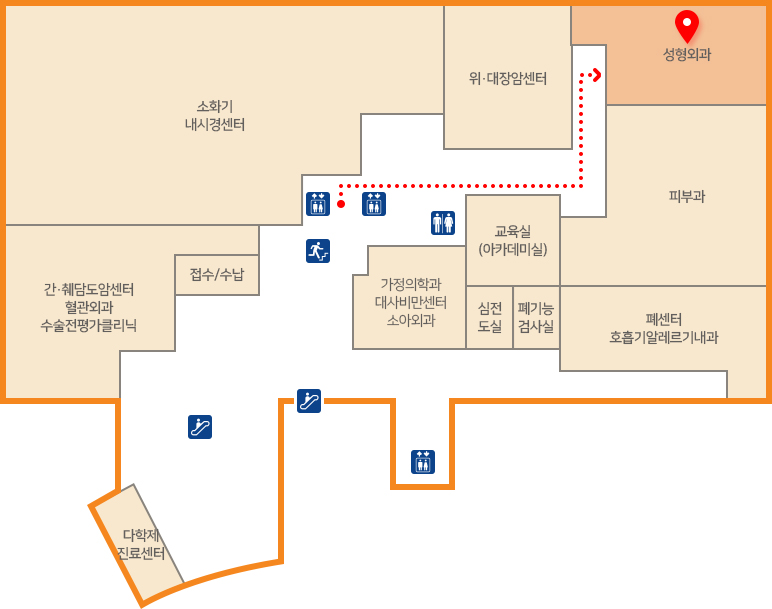 엘리베이터에서 내리면 우측 외과, 교육실을 지나 좌측 직진 성형외과 이동