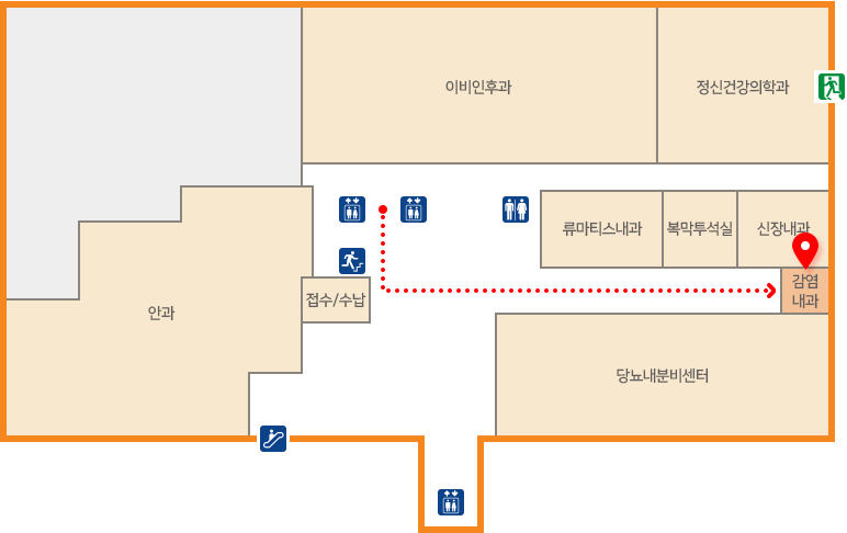 엘레베이터에서 접수/수납 방면 직진 후 왼쪽으로 직진 신장내과 옆 감염내과로 이동