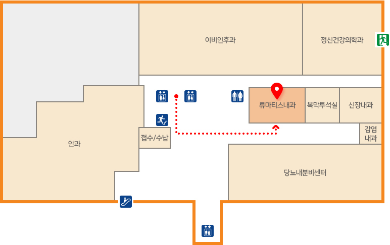 엘레베이터에서 접수/수납 방면 직진 후 왼쪽으로 직진 류마티스내과로 이동