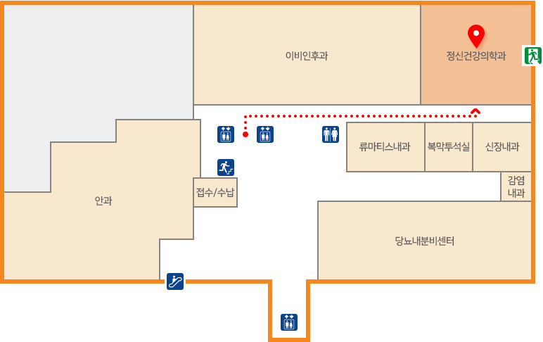 엘리베이터에서 내리면 우측 방향으로 이비인후과를 지나 정신건강의학과 이동
